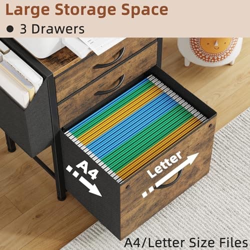 HIGDBFE 3 Drawer File Cabinet with Charging Station, 45''H, 3-Tier Filing Cabinet for Home Office, 11''*16'' for Small Printer, Fabric Drawer Fits Letter/A4, Tall Printer Stand, Rustic Brown 6