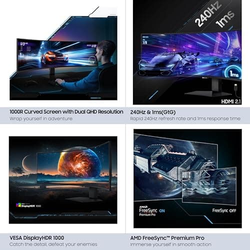 Samsung 49” Odyssey G9 Series DQHD 1000R Curved Gaming Monitor, 1ms(GtG), VESA DisplayHDR 1000, 240Hz, AMD FreeSync Premium Pro, Height Adjustable Stand, Ultrawide Screen, LS49CG954ENXZA, 2024 9