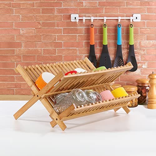 SZUAH Collapsible Bamboo Dish Drying Rack - 2 Tier Space Saving Kitchen Counter Organizer, Holds 19 Plates, Bowls & Utensils (17.8"x10.23"x9.25") 5