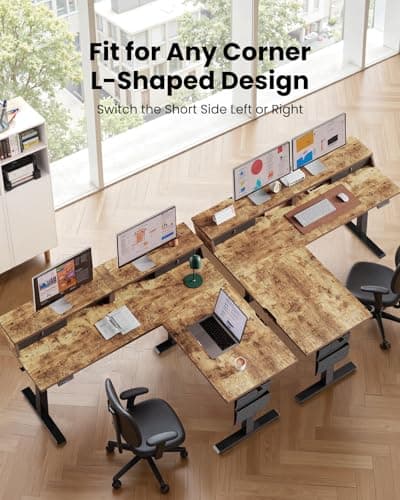 ErGear L Shaped Electric Standing Desk, 63" Ergonomic Corner Height Adjustable Desk with Drawers, Sit Stand Computer Table with Storage for Work Office Home, Vintage Brown 5