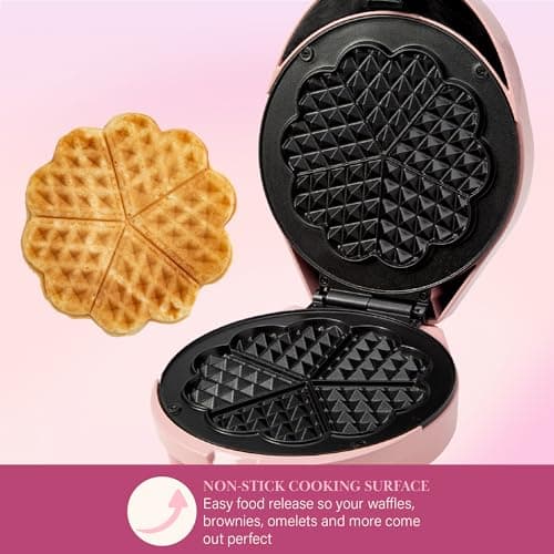 Paris Hilton Heart Waffle Maker, Makes 5 Mini Heart Shaped Waffles or 1 Individual Waffle, Easy to Clean 6" Nonstick Plates, Made without PFAS or PFOA, Electric Waffle Iron, Pink 5