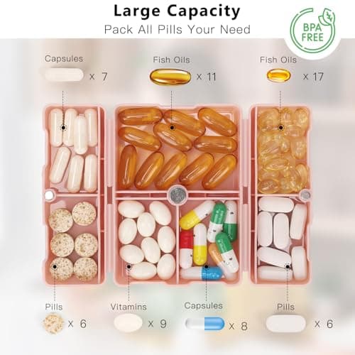 FYY Daily Pill Organizer, 7 Compartments Portable Pill Case Travel Pill Organizer,[Folding Design] Pill Box for Purse Pocket to Hold Vitamins,Cod Liver Oil,Supplements and Medication-Pink 2