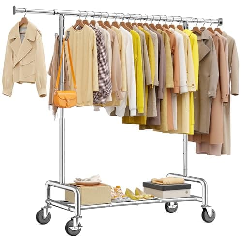 Raybee Heavy Duty Clothes Rack 75" Extra Wide, 450 LBS Clothing Rack with 4 Hooks, Lockable Wheels, Metal Garment Rack for Bedroom, Laundry Room, Commercial