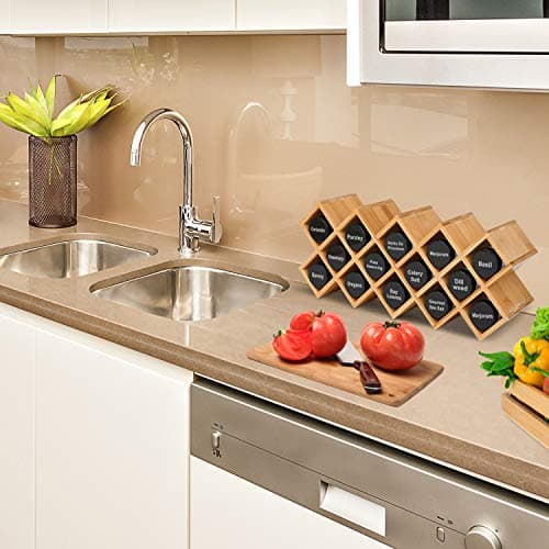Phyllia Bamboo Spice Rack Organizer 4-Tier Countertop Organiser, Criss-Cross Kitchen cabinet Free-Standing Countertop Storage shelf Fit for Spice Jar, Can, Bottle (Jars Not Include) 6
