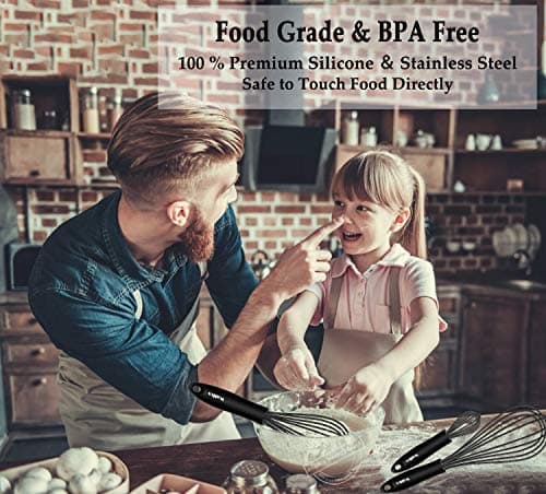 Walfos Silicone Whisk,Stainless Steel Wire Whisk Set of 3 -Heat Resistant 480°F Kitchen Whisks for Non-stick Cookware,Balloon Egg Beater Perfect for Blending,Whisking,Beating,Frothing & Stirring,Black 9