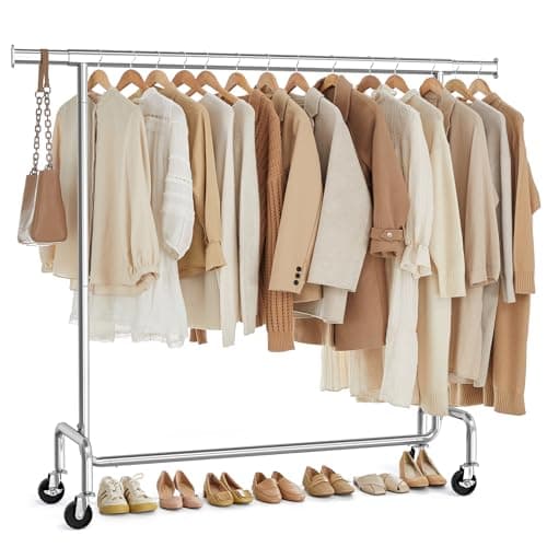 SONGMICS Clothes Rack with Wheels, Heavy-Duty Garment Rack with Extendable Hanging Rod, 286.6 lb Load Capacity, 17.7 x (43.3-59.1) x 64.1 Inches, Chrome-Plated, Silver UHSR11S
