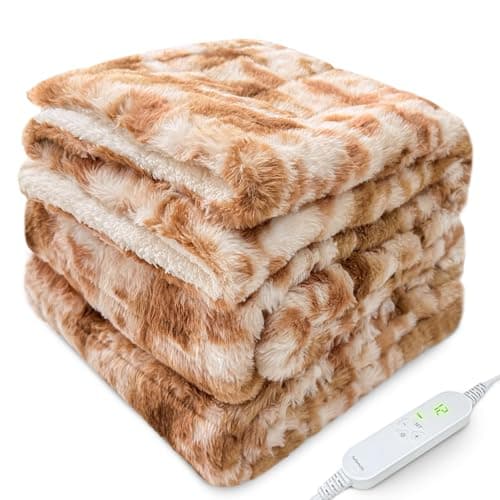 HELLOMOTO Updated Weighted Heated Blanket for Men/Women, 15 lbs Electric Blanket, Dual Sided Cozy Fluffy Throw Blanket, 8 Timer Settings & 10 Heat Settings,48x72 inches(Brown-White) - SW4872