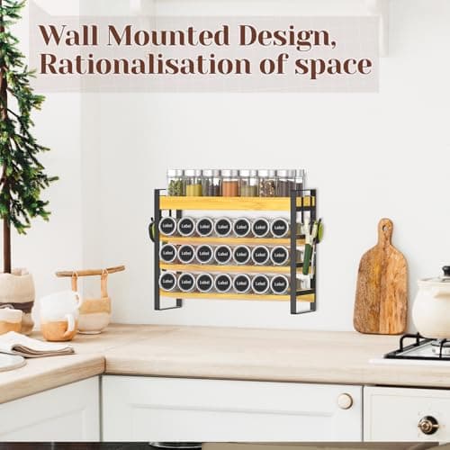Gledich 4 Tier Spice Rack Organizer Shelf for Cabinet Countertop, Bamboo Space-Saving Seasoning Holder Stand with 4 Hooks, Kitchen Spice Storage Organization for Pantry & Cupboard(Jars Not Included) 6