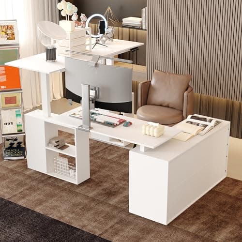 Homsee Electric Height Adjustable Standing Desk with Storage Cabinet, U-Shaped Computer Desk with Drawer & Open Shelves for Home Office, Workstation Desk for Writing Study Work Executive, White