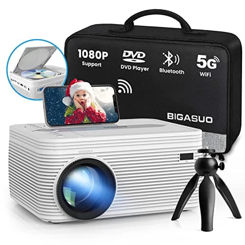 BIGASUO 5G WiFi Bluetooth Projector with DVD Player - 9000L Mini Portable DVD Projector with Tripod, 1080P, Carry Bag, Compatible with Phone, Lapto, HDMI, TV Stick