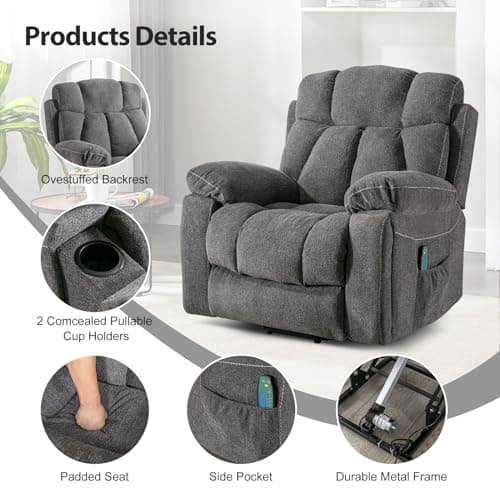 Phoenix Home Large Power Lift Recliner Chair with Massage and Heat for Elderly, Overstuffed Wide Recliners with 2 Cup Holders, Side Pocket and USB Port, Dark Gray 6