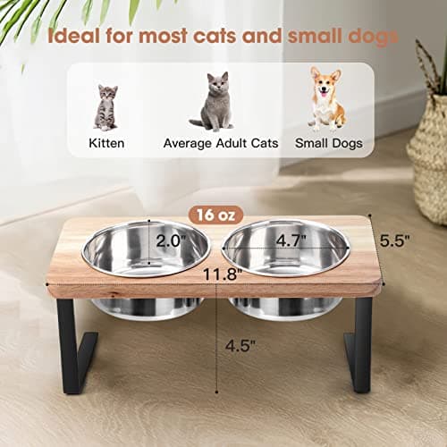 Siooko Elevated Cat Bowls, 15° Tilted Raised Cat Food Bowls Wood Pet Bowls with Stand Anti Vomiting 2 Stainless Steel Bowls for Cats and Puppy 5