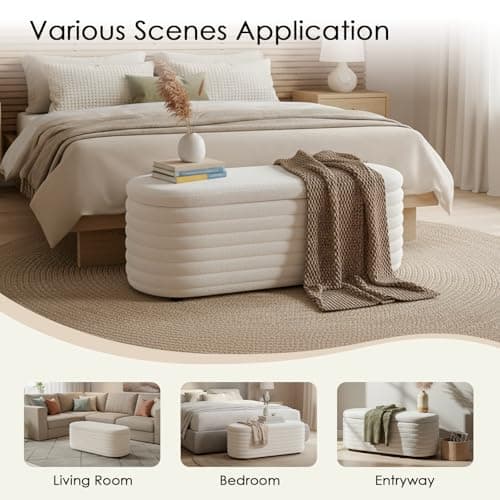 DM Furniture Storage Teddy Ottoman Bench Upholstered Fabric Storage Bench End of Bed Stool with Safety Hinge for Bedroom, Living Room, Entryway, Closet(45.5", White) 8