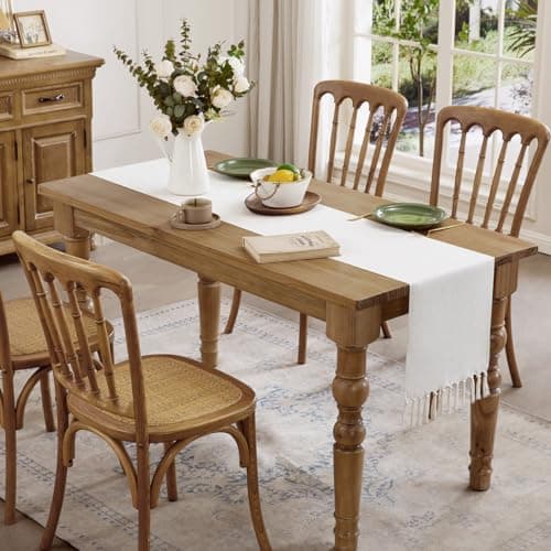 Aoztio Linen Style Rustic Table Runner, Farmhouse Cotton Linen Table Runner, Boho Table Runners 72 Inches Long with Hand Tassels for Home Tabletop Decor and Everyday Use - Off White, 72 Inch 3