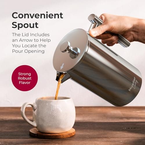 MuellerLiving French Press Coffee Maker 34oz, Stainless Steel French Press Coffee, 4 Filter Heat Resistant Double Insulated, Rust-Free, Food Grade, Dishwasher Safe Coffee Pot 5