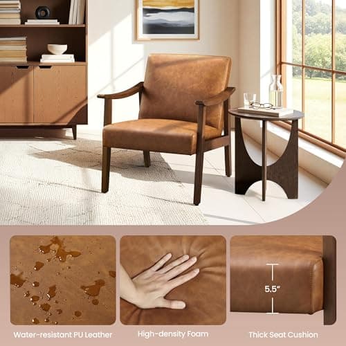 Yaheetech PU Leather Accent Chair, Mid-Century Modern Armchair with Solid Wood Legs, Reading Leisure Chair with High Back for Living Room Bedroom Waiting Room, Brown 5