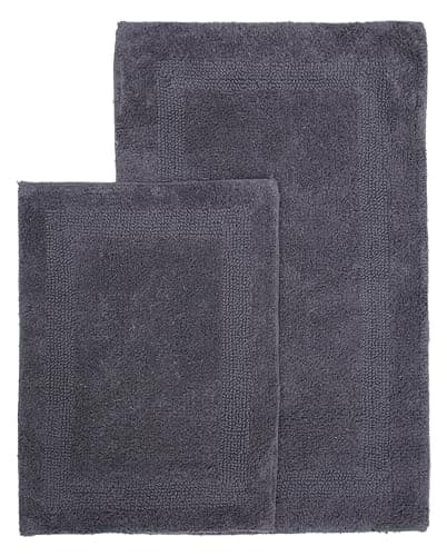 WOVEN ST. Reversible Tufted Bath Rugs | Area Rugs for Spa, Vanity Shower, Bathrooms, Kitchen, Bedroom | Water Absorbent Linens | 100% Cotton | Pack of 2 | 17’’ x 24’’ & 21’’ x 34’’ Inches | Dark Grey