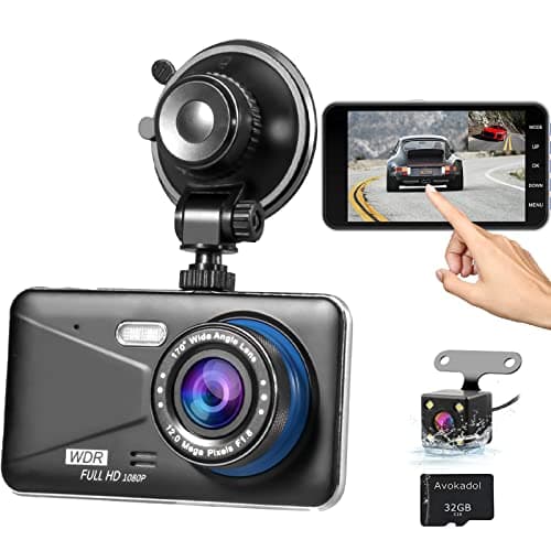 Avokadol Dash Cam Front and Rear, Dual Car Camera with 32G SD Card 4''IPS Touch Screen, 1080P Dashboard Camera for Cars & Trucks, Waterproof Rear Cam, WDR G-Sensor/Night Vision/Parking Monitor.