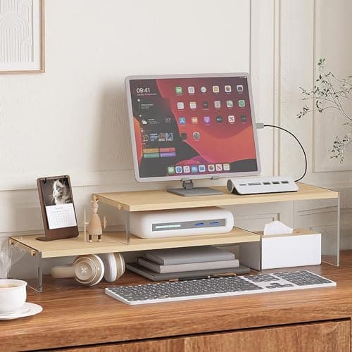YGYQZ Adjustable Monitor Stand Riser with Acrylic Legs丨7.67" Wide Dual Monitor Stand for Desk丨2-Tier Wood Desktop Organizer for Computer, Laptop, Printer & PC丨Modern Aesthetic Desk Shelf(wood-flat)