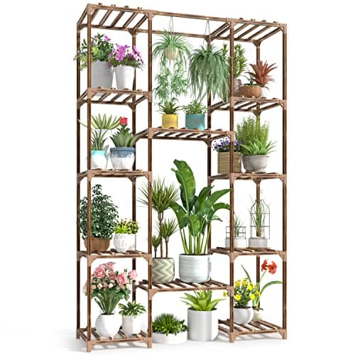 cfmour Plant Stand Indoor Outdoor, 12 Tiers 62.2" Tall Wood Plant Shelf for Multiple Plants Large Plant Holder Hanging Flower Shelves Rack for Patio Living Room Garden Balcony Boho