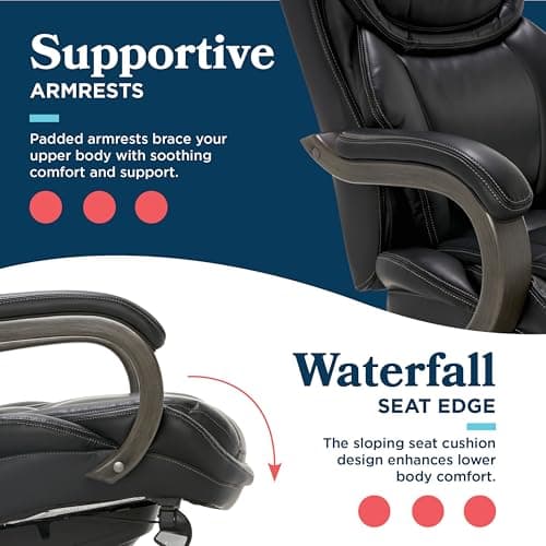 La-Z-Boy Harnett Big and Tall Executive Office Chair, Ergonomic High-Back Chair with Solid Wood Arms, ComfortCore with Memory Foam Cushions, Bonded Leather, Black 10