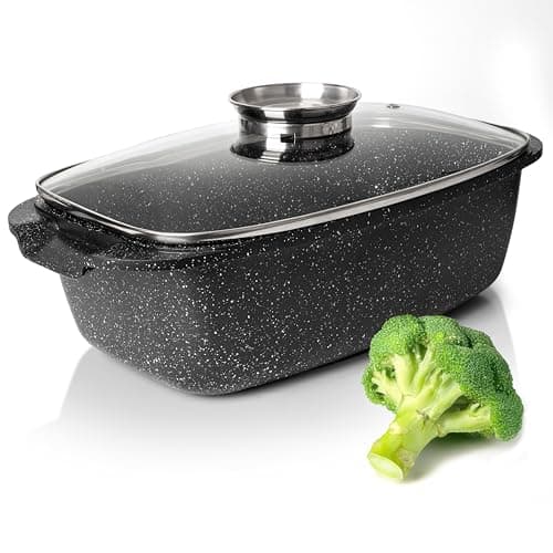 Moss & Stone 6 Quart Oval Roaster Pot with Lid, 12"x8.3" Die Cast Aluminum Chicken Roaster, Induction, Gas & Ceramic Cooktop Compatible, Hard Anodized Nonstick Roasting Pan With Lid, Oven Safe