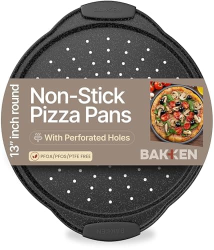 Bakken Pizza Baking Pan - Round Perforated Carbon Steel Pan with Non-Stick Marble Coating, Oversized Silicone Handle, Dishwasher Safe, High-Temperature Resistant, Durable & Easy Cleanup Gray, 1 Pack