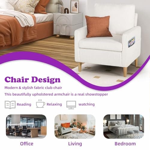 TYBOATLE Accent Chairs Set of 2, Modern Fabric Living Room Arm Chairs, Furry Cozy Upholstered Mid-Century Chairs w/Side Pocket, Club Reading Lounging Side Armchair for Office, Bedroom 8