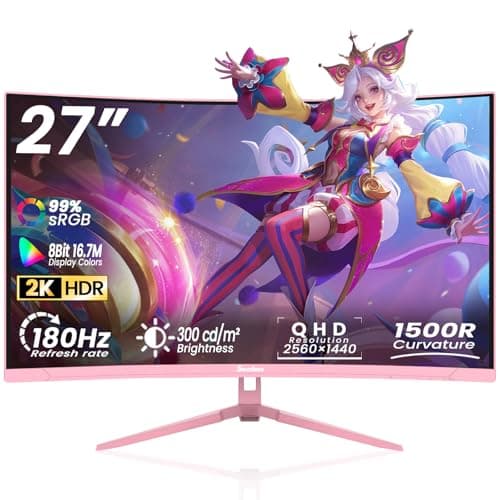 Sealan 27 inch Curved Pink Gaming Monitor 180Hz,QHD(2560 ×1440),1500R,VA Screen,FreeSync,Low Blue Light, Flicker Free,Eye-Care, DP, HDMI Port for Gaming Home Office,Supports Wall Mount (75 * 75mm)