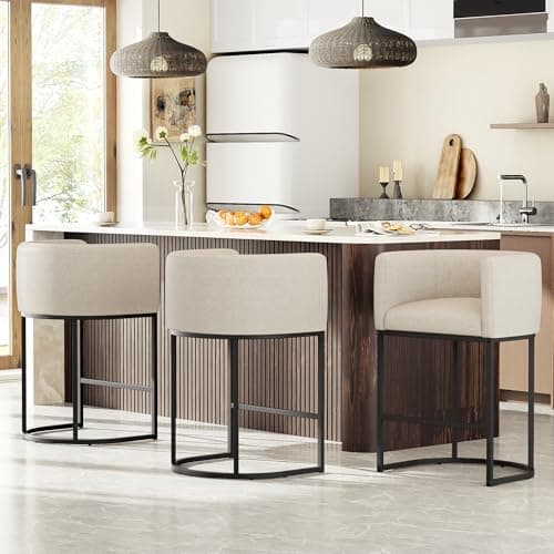 VATROS 26" H Counter Height Bar Stools Set of 3, Modern Barrel Counter Stools with Backrest and Arms, Linen Fabric Upholstered Accent Barstools for Kitchen Island,Support 450 LBS (Beige)