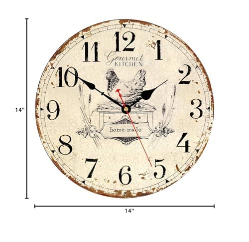 Toudorp Rustic Wall Clock French Country Vintage 14 Inch Battery Operated Silent Non-Ticking Wooden Wall Clocks Retro Arabic Numerals Animal Hen Style (Gourmet Kitchen) 8