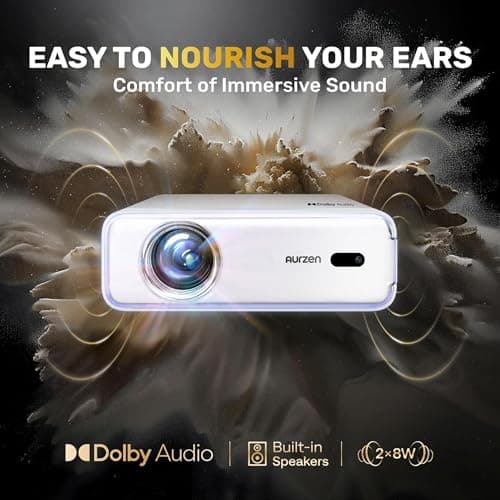 Aurzen EAZZE D1 Smart Projector with WiFi and Bluetooth, Officially-Licensed APP, Auto Focus/Keystone, DoIby Audio 16W Speakers, Native 1080P, HDR10, 4K Support, Portable Mini Outdoor Movie Projector 5
