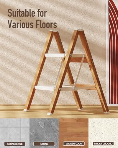 Mayi Plus 2-Step Aluminum Ladder,Lightweight Folding Step Stool with Extra-Wide Anti-Slip Steps,330 lbs Capacity,Compact Space-Saving Design for Home,Kitchen and Office（White&Woodgrain） 5