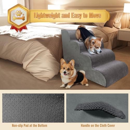 PAWSCRAT Dog Stairs 4 Steps, 19.6 inch High, Curved Steps and Small Step Angle Protect Your Pet's Joints, Beige 4-Step (Gery, 4-Step, 4.0) 5