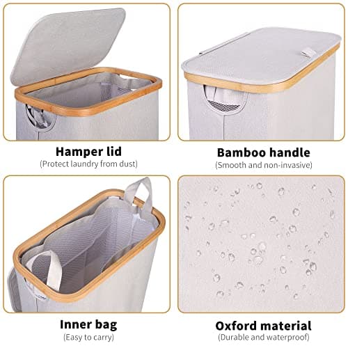 iEGrow 60L Slim Laundry Hamper With Lid, Foldable Clothes Basket with Bamboo Handles and Removable Inner Bag, Light Grey 6