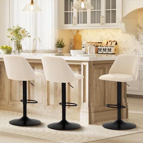 COLAMY Bar Stools Set of 3, Modern Swivel Bar Chairs, Adjustable Upholstered Barstools Counter Height with Full Backrest for Bar, Dining Room, Kitchen Island, Beige