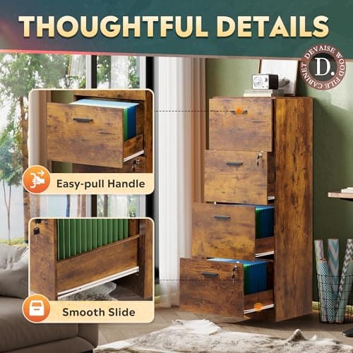DEVAISE 4 Drawer File Cabinet with Lock, Vertical Filing Cabinet for A4/Letter Size Files, Wood Storage Organizer for Home Office, Rustic Brown 7