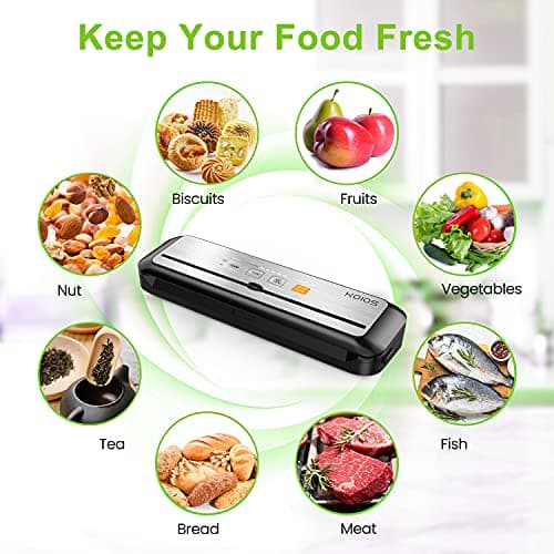 KOIOS Vacuum Sealer Machine, 90Kpa Automatic Food Sealer with Cutter, 8-in-1 Food Vacuum Machine, Pulse Function, Dry&Moist Modes, Compact Design, LED Indicator Lights, 10pcs bags included, Silver 8