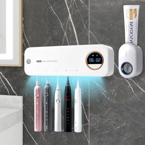 GFBEBDVToothbrush Cleaner and Automatic Toothpaste extruder Set,Toothbrush Holder Cleaner,Fan Drying and timerFunction,Automatic Toothpaste Dispenser,Wall Mounted,Suitable for 99% of Toothbrushes