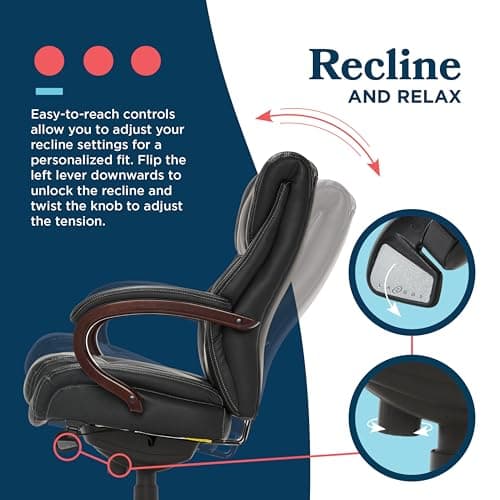 La-Z-Boy® Bellamy Executive Office Chair with Memory Foam Cushions, Real Wood Arms and Swivel Base, Waterfall Seat Edge, Faux Bonded Leather, Black 7