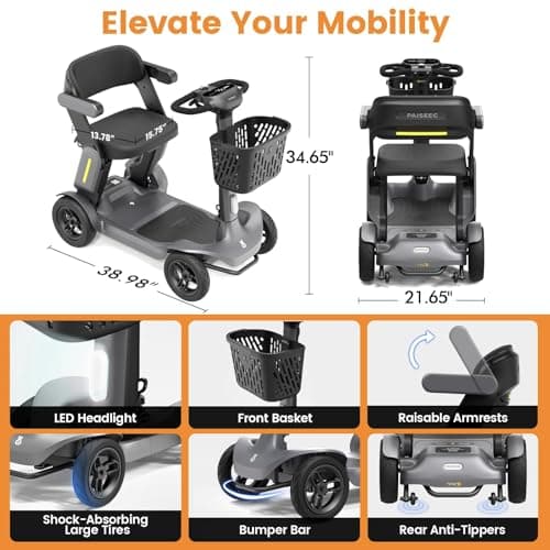Paiseec S3 Foldable Mobility Scooter for Adults, Seniors - 25 Miles Range, 6 mph, Lightweight Mobility Scooter for Travel, Improved Safety, Large Wheels for Outdoor, LED Headlight, Basket 8