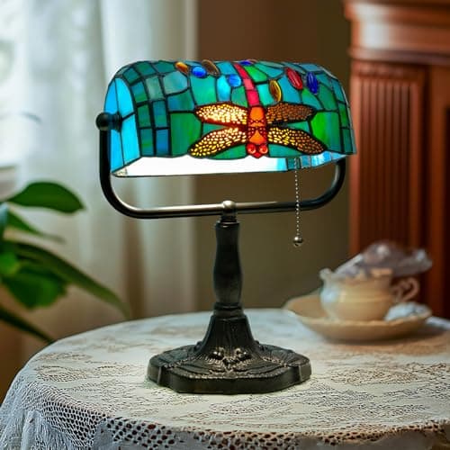 LIBOZMKO Vintage Tiffany Style Bankers Lamp - Stained Glass Desk Lamp with Pull Chain, Dragonfly Design Table or Desks Light LED Bulb Included, Bankers Desk Lamps for Office Living Room Study Room
