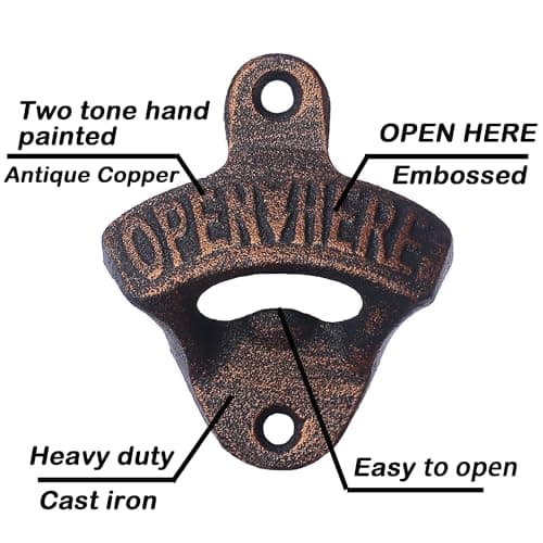 Jumiok Antique Copper Wall Mounted Bottle Opener Rustic Cast Iron Beer Cap Opener Screw in Wall for Wooden Board Carrier 2