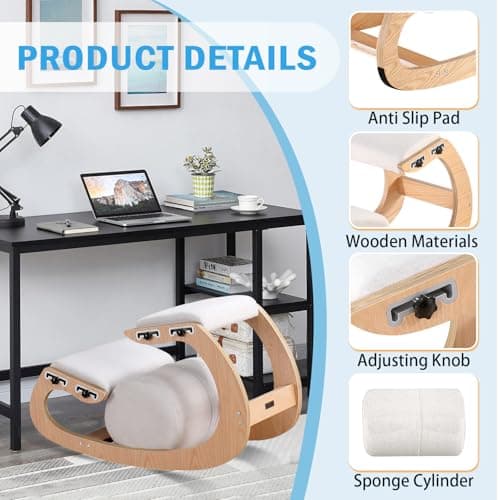Adjustable Kneeling Chair, Wooden Ergonomic Rocking Chair - Improve Your Posture with an Angled Seat for Home,Office（White Oak） 5