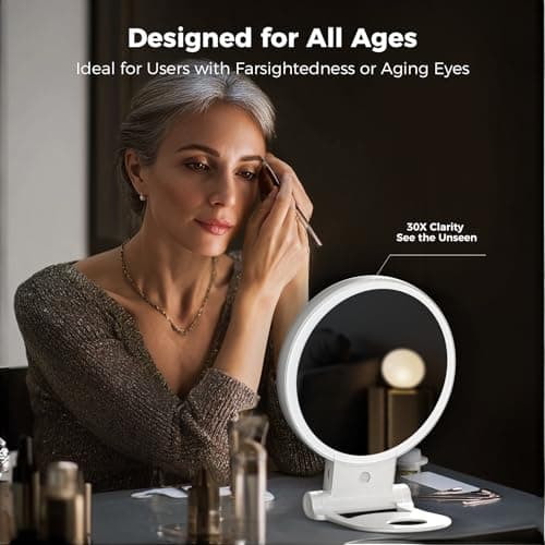 tubbede 1X/30X Lighted Makeup Mirror with Magnification, Double-Sided Switch, 3-Color Lights, 2000mAh Rechargeable, Adjustable Brightness, Makeup Mirror with Lights for Vanity Table or Bathroom 5