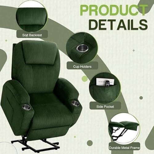 Furmax Electric Power Lift Recliner Chair with Massage for Elderly Corduroy Fabric Recliner Single Sofa with Cup Holders, Side Pockets and Remote Control for Living Room Bedroom (Green) 5
