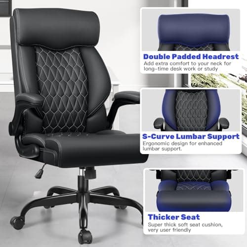 High Back Executive Office Chair - Ergonomic Computer Desk with Rocking Function, Leather Managerial with Adjustable Flip-Up Armrests and Lumbar Support 7