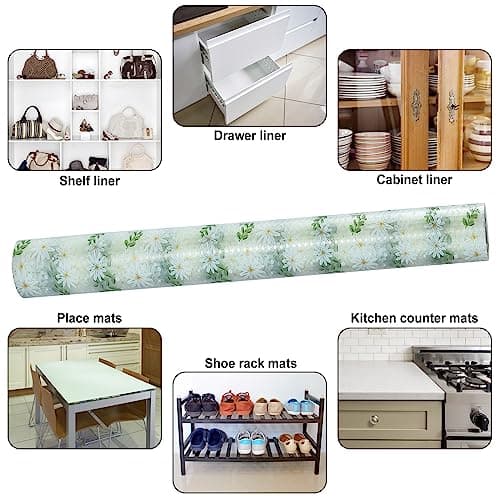Shelf Liner, Waterproof Refrigerator Liner, Drawer Liners for Kitchen Cabinet, Bathroom Sink Mat No Slip Cupboard Mats Non Adhesive Fridge Liner EVA Place Mats Roll - Leaf Daisy 17.7"×78.7" 5
