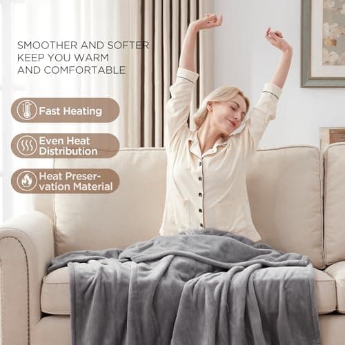 Westinghouse Heated Blanket Throw, Electric Throw with 6 Heating Levels, 2-10 Hours Time Settings, Overheat Protection, Machine Washable, Flannel (Throw, 50x60 Inches, Light Grey) 5