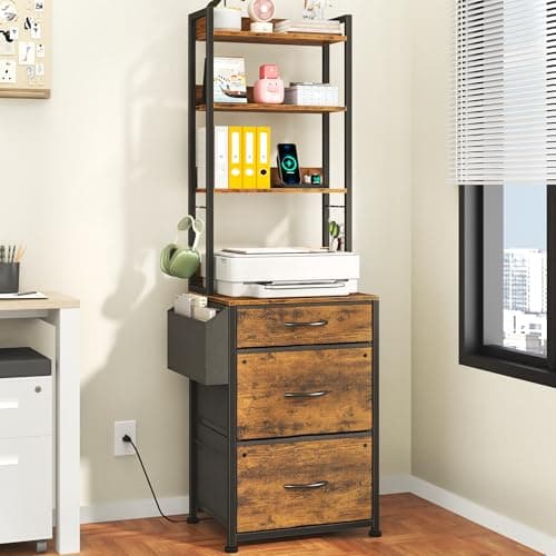 GYIIYUO 3 Drawer Tall File Cabinet with Charging Station, 4-Tier Filing Cabinet with Adjustable Shelf, Fabric Drawer, File Cabinet for Home Office, Fits A4/Letter/Legal, Rustic Brown, 69''H 8